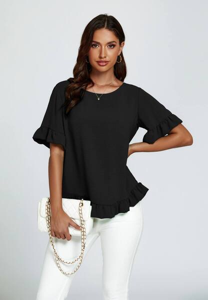  Fs Collection Frill Detail Short Sleeves Top, Black 