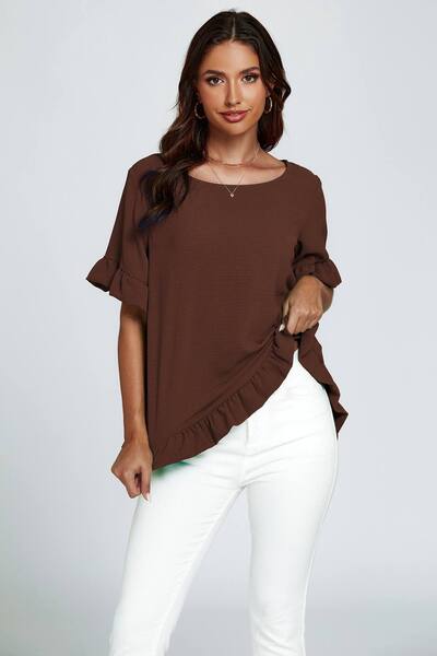  Fs Collection Frill Detail Short Sleeves Top, Brown 