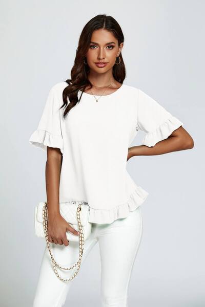  Fs Collection Frill Detail Short Sleeves Top, Off White 