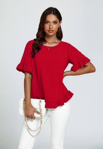  Fs Collection Frill Detail Short Sleeves Top, Red 