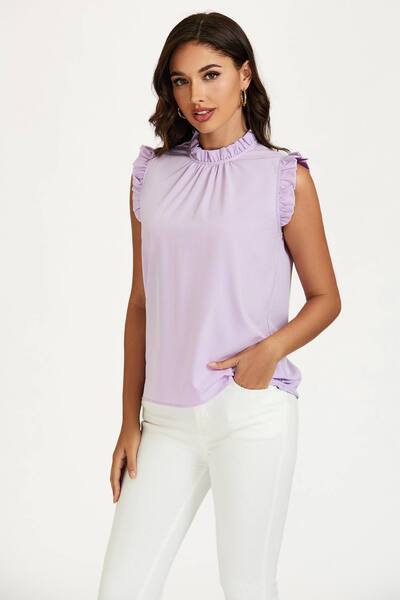  Fs Collection Frill Trim Sleeve Frill Neck Blouse Top, Purple 