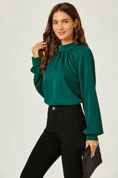  Fs Collection High Neck Back Cut Detail Blouse Top, Green 
