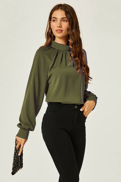  Fs Collection High Neck Back Cut Detail Blouse Top, Khaki 
