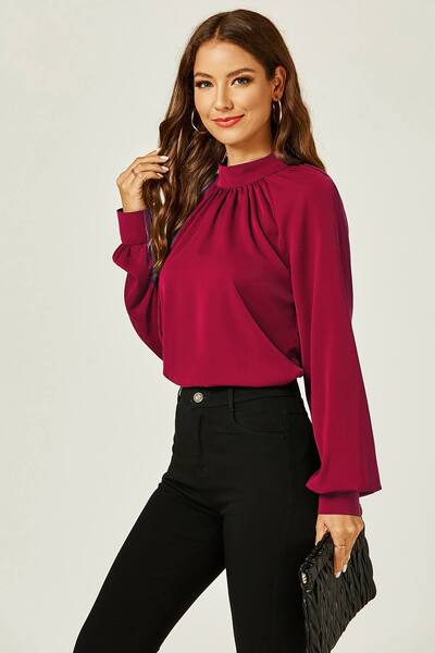  Fs Collection High Neck Back Cut Detail Blouse Top, Wine 