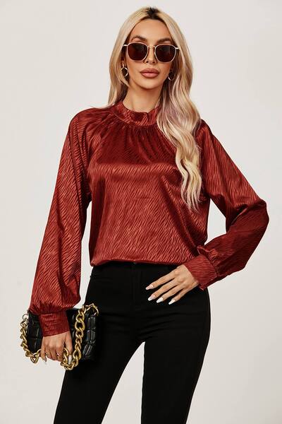  Fs Collection High Neck Back Cut Detail Satin Blouse Top, Copper 