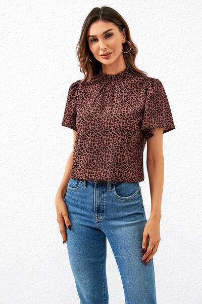  Fs Collection Leopard Print Angel Sleeve High Neck Top/blouse In Rusty, Dark Red 