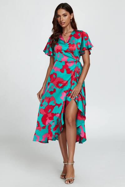  Fs Collection Leopard Print Angel Sleeve Wrap Midi Blue Pink 