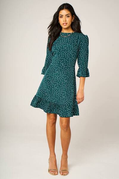  Fs Collection Polka Dot Frill Hem Mini Dress, Teal 