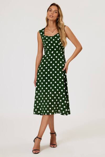  Fs Collection Polka Dot Print Heart Neck Midi Green 