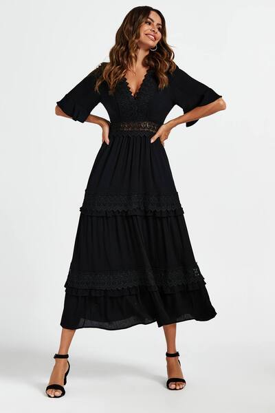  Fs Collection V Neck Lace Detail Maxi Dress In Black 