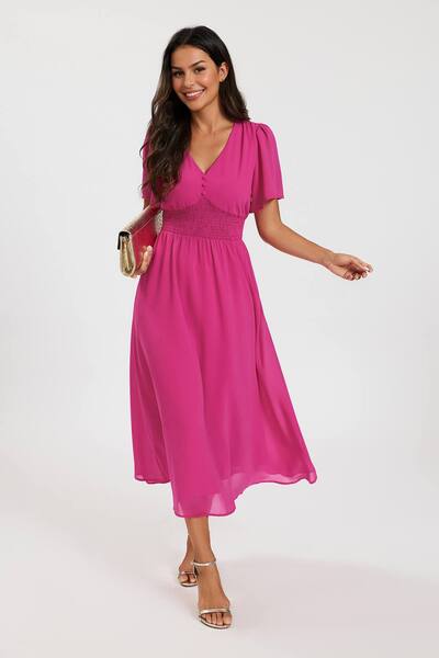  Fs Collection V Neckline Shirred Waist Midi Dress, Fuchsia 