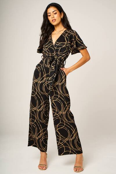 Fs Collection Wrap Front Belted Wide-leg Jumpsuit With Abstract Circle Print, Black 