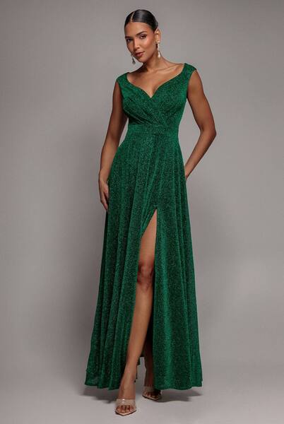  Goddiva Crossover Sparkling Glitter Maxi Dress, Emerald 