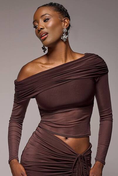 Goddiva Gathered Bardot Asymmetric Mesh Panel Top, Brown 
