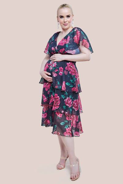  Goddiva Maternity Layered Floral Midi Dress With Flutter Sleeves, Black 