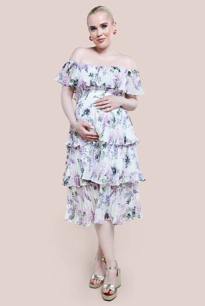  Goddiva Maternity Shirred Chiffon Floral Bardot Midi Dress 