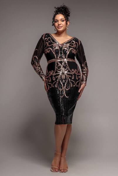  Goddiva Sequin Mesh V Neck Midi, Black 