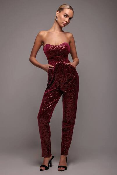  Goddiva Sequin & Velvet Corset Jumpsuit, Wine 