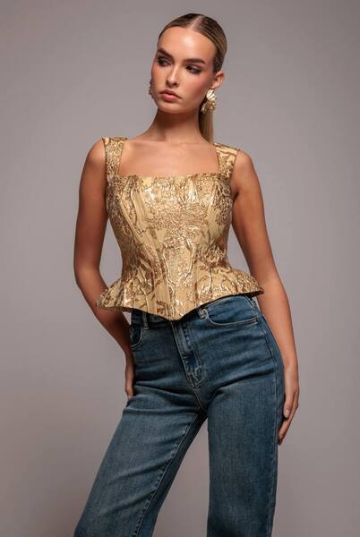  Goddiva Sleeveless Jacquard Lace Up Back Corset, Gold 