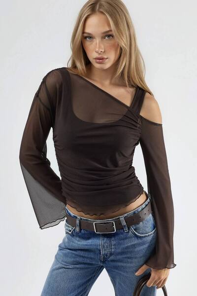  Hiccup Asymmetrical Collar Fitted Crop Top, Dark Brown 