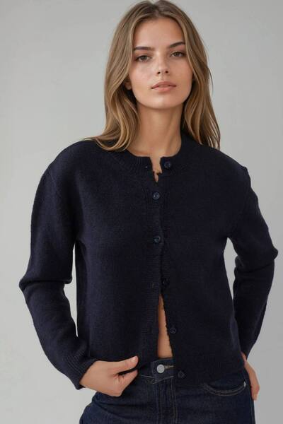  Hiccup Crew Neck Knitwear Soft Touch Cardigan Sweater, Navy 