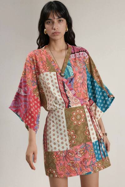  Hiccup Ethnic Print Front-tie Mini Dress 