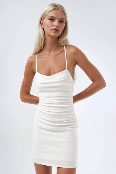  Hiccup Heart Collar Shirred Mini Dress, Off White 
