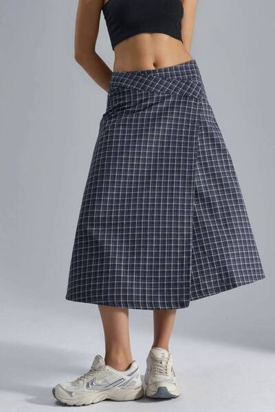  Hiccup High Waist Plaid Midi Skirt, Navy 