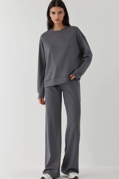  Hiccup Modal Touch Basic Sweatshirt & Wide Leg Pants Two-piece Coord Set, Dark Grey 