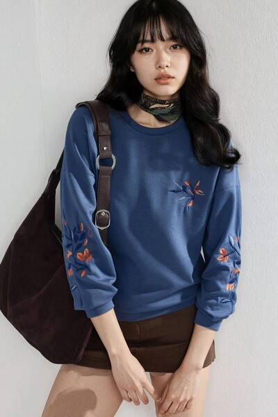  Hiccup Modal Touch Crew Neck Embroidered Sweatshirt, Light Blue 