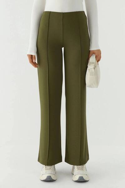  Hiccup Modal Touch Rib Detailed Wide Leg Pants, Khaki 