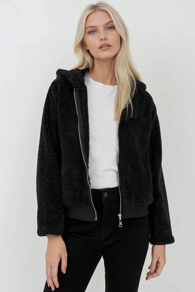  Hiccup Textured Full Zip Hooded Fleece Jacket, Black 