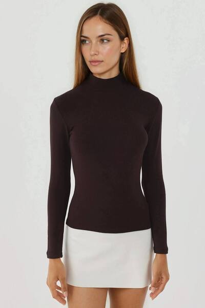  Hiccup Ultra Soft Touch Slim Fit Turtleneck Knitted Top, Dark Brown 