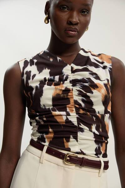  Karenmillen Animal Print Crepe Ruched Top 