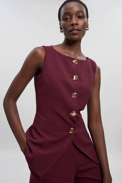  Karenmillen Compact Essential Button Detail Waistcoat, Merlot 