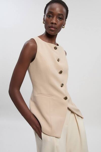  Karenmillen Compact Essential Button Detail Waistcoat, Stone 