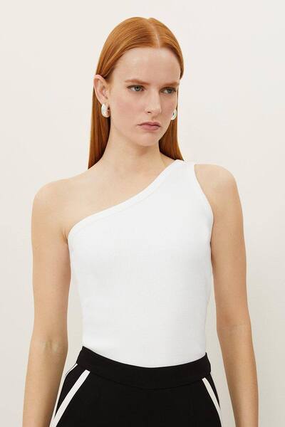  Karenmillen Compact Jersey Rib Asymmetrical Top, White 