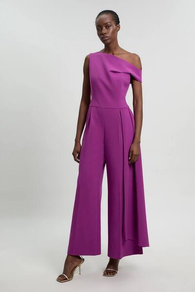  Karenmillen Compact Stretch Asymmetric Neck Wide Leg Jumpsuit, Fuchsia 
