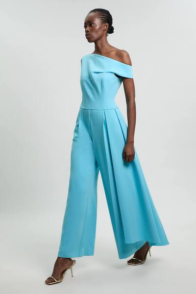  Karenmillen Compact Stretch Asymmetric Neck Wide Leg Jumpsuit, Turquoise 