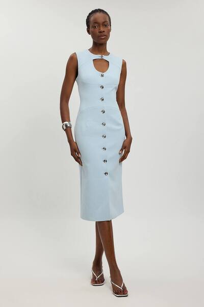  Karenmillen Compact Stretch Button Tailored Midi Dress, Pale Blue 
