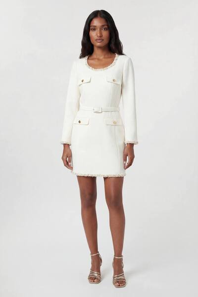  Karenmillen Compact Stretch Embellished Trim Tailored Belted Mini Dress, Ivory 