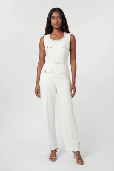  Karenmillen Compact Stretch Embellished Trim Tailored Wide Leg Jumpsuit, Ivory 