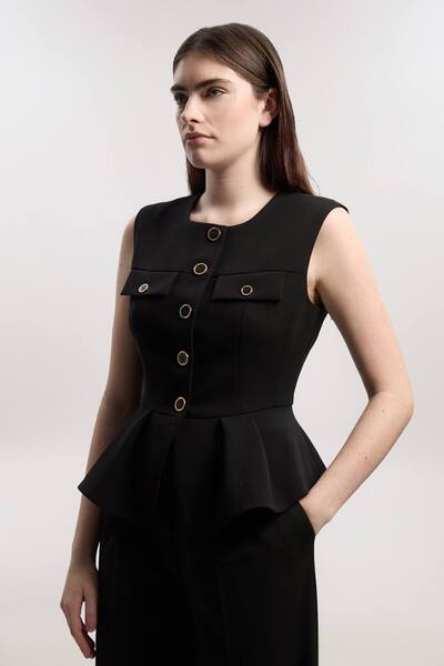  Karenmillen Compact Stretch Peplum Tailored Top, Black 