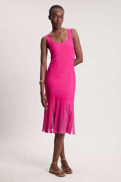  Karenmillen Compact Stretch Square Neck Knitted Flippy Dress, Bright Pink 