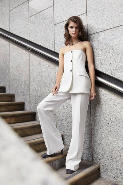 Karenmillen Compact Stretch Tailored Button Bodice Jumpsuit, Ivory 