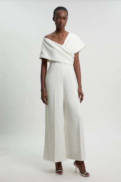  Karenmillen Compact Viscose Stretch Tailored Off Shoulder Jumpsuit, Ivory 