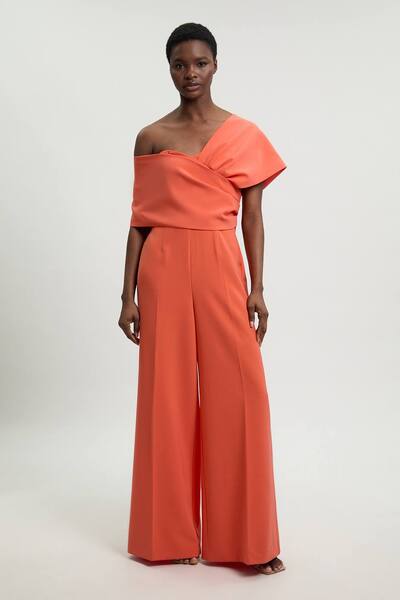 Karenmillen Compact Viscose Stretch Tailored Off Shoulder Jumpsuit, Orange 