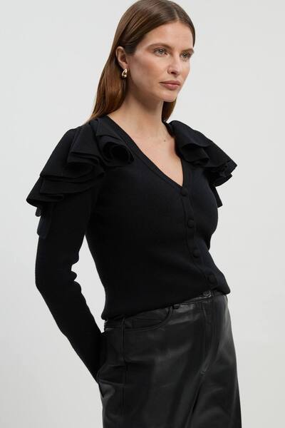  Karenmillen Compact Wool Look Ruffle V Neck Cardigan Sweater, Black 