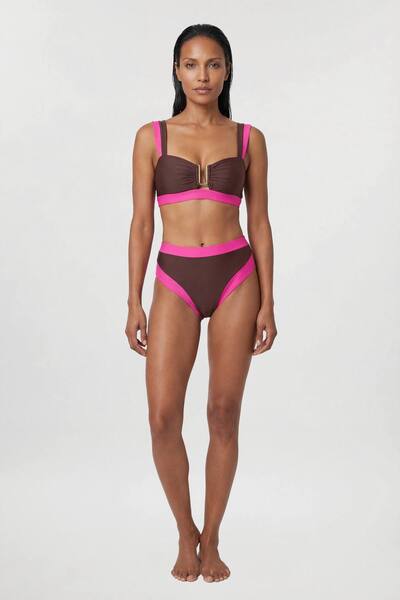  Karenmillen Contrast Trim High Cut Bikini Bottom, Chocolate 