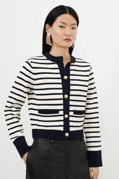  Karenmillen Cotton Cropped Knit Boxy Striped Cardigan Sweater 